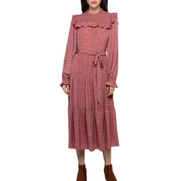 & Merci Mock Ruffle Neck Long Sleeve Tiered MIDI Dress Size Large NWOT - Picture 1 of 7